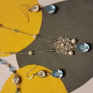 Vintage-Inspired Blue Crystal & Pearl Jewelry Set - Necklace, Earrings, & Bracel